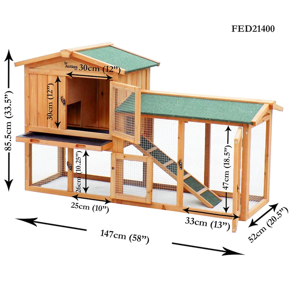image 1 of Actiaspet - Portable Wooden Rabbit Hutch with Run (Fir & Plywood) | 147cm x 52cmx 85.5cm
