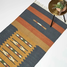 Homescapes Lundi Orange and Blue Kilim Runner Cotton and Jute Rug - 80 x 180 cm