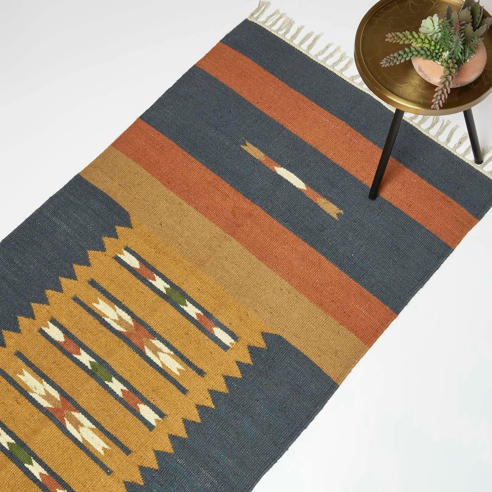 image 1 of Homescapes Lundi Orange and Blue Kilim Runner Cotton and Jute Rug - 80 x 180 cm