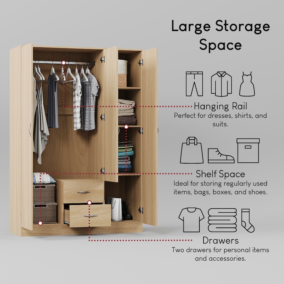 image 1 of Vida Designs Riano 3 Door 2 Drawer Mirrored Wardrobe With Shelf & Clothes Rail, Pine