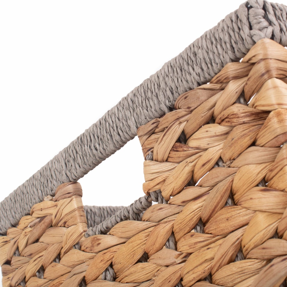 image 1 of Large Water Hyacinth With Grey Rope Border Rectangular Storage Basket | Brown | Brown