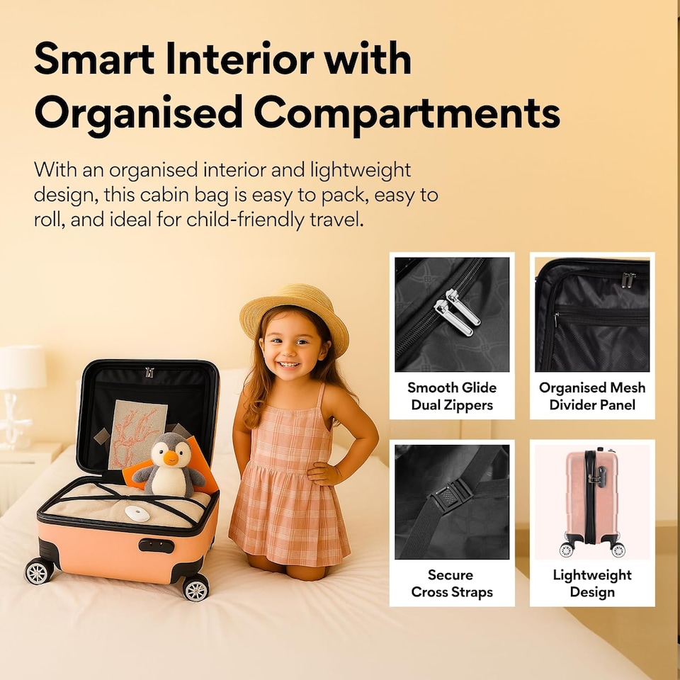 image 1 of Straame 45x35x20cm Rose Gold Cabin Suitcase, 360° Spinner Wheels