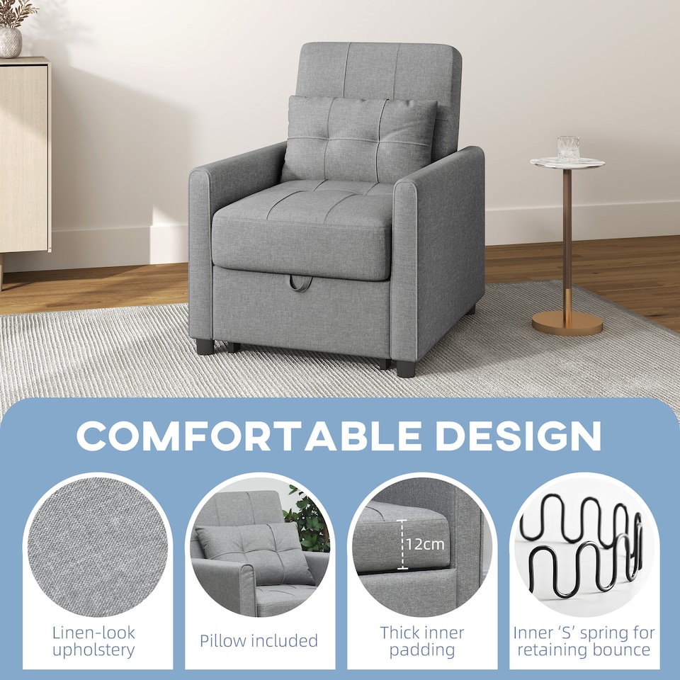 image 1 of HOMCOM Compact Single Chair Bed, Pull Out Bed, Convertible Sleeper Chair with Adjustable Backrest, Pillow, Side Pockets for Home Office, Bedroom, Living Room, Light Grey