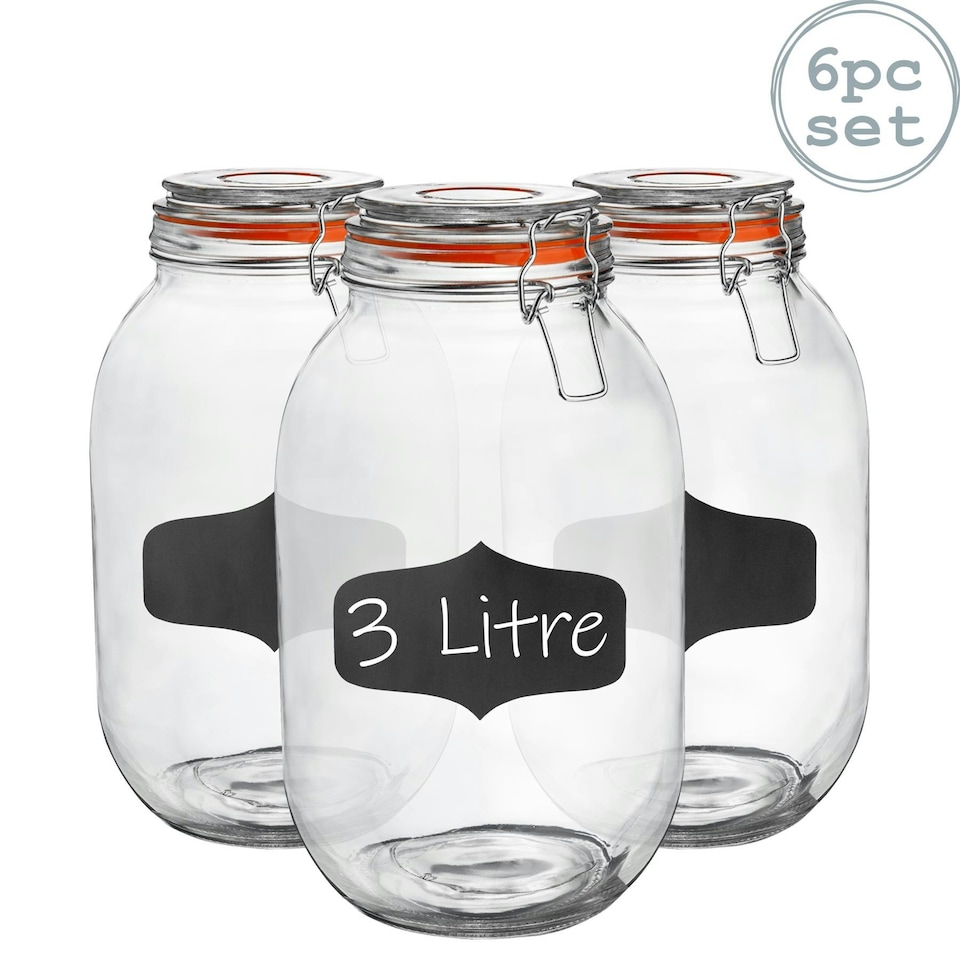 image 1 of Argon Tableware Glass Storage Jars with Labels - 3 Litre - Orange Seal - Pack of 6
