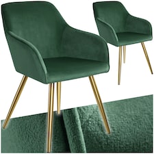 Chair Marilyn - with armrests, padded, velvet look, golden steel legs - Set of 2 Green | Dark Green/Gold