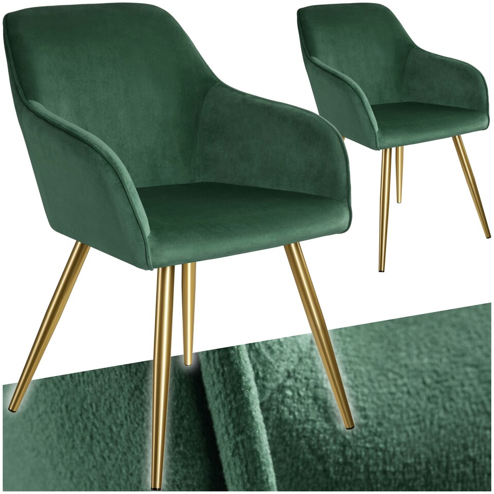 image 1 of Chair Marilyn - with armrests, padded, velvet look, golden steel legs - Set of 2 Green | Dark Green/Gold