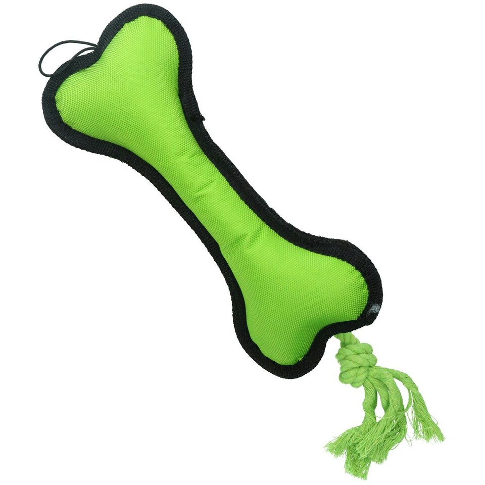 image 1 of Green Cross Tug Rope Bone Doy Play Toy With Squeak 30x13x3cm