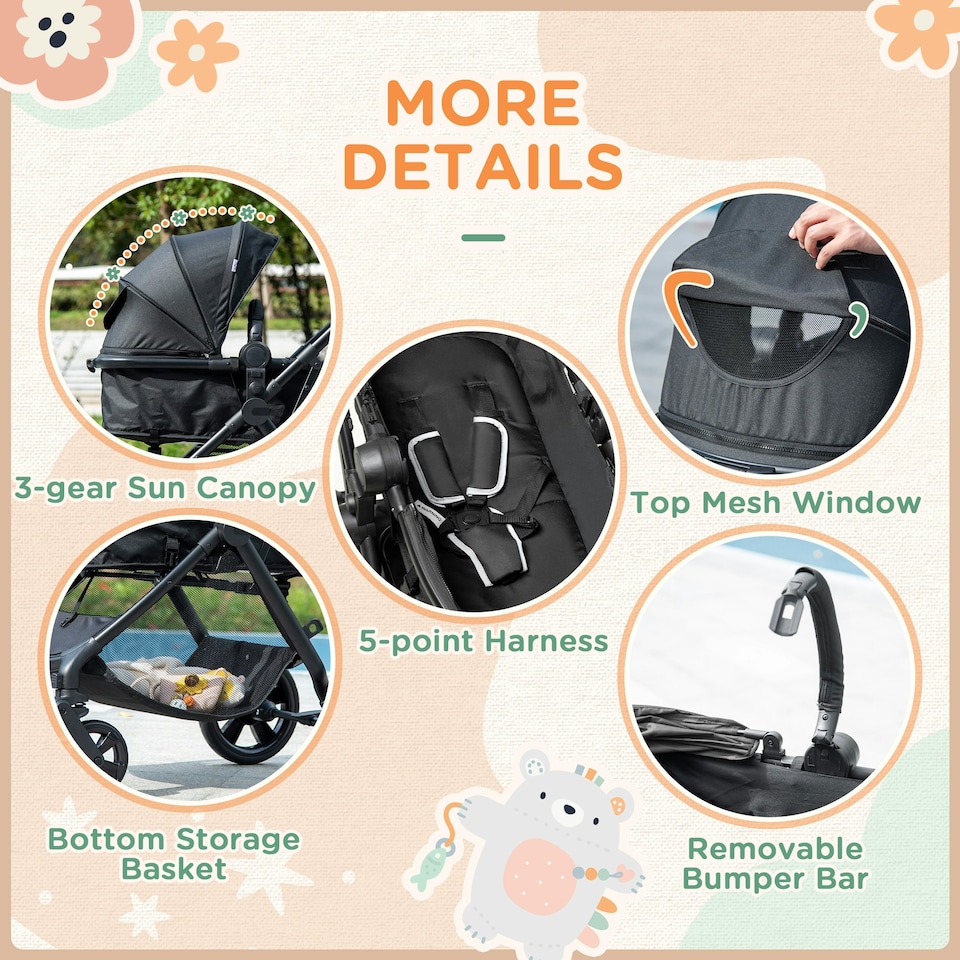 image 1 of HOMCOM 2 in 1 Pushchair Stroller w/ Reversible Seat Single Hand Foldable Black