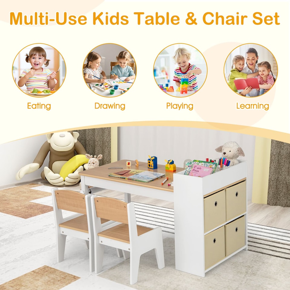 image 1 of COSTWAY Kids Art Table and Chairs Set with 2 Chairs Yellow