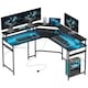 image 1 of HOMCOM L Shaped Desk with Power Outlets and LED Lights, Corner Computer Desk with Monitor Stand, Gaming Desk for Home Office, Black | Black
