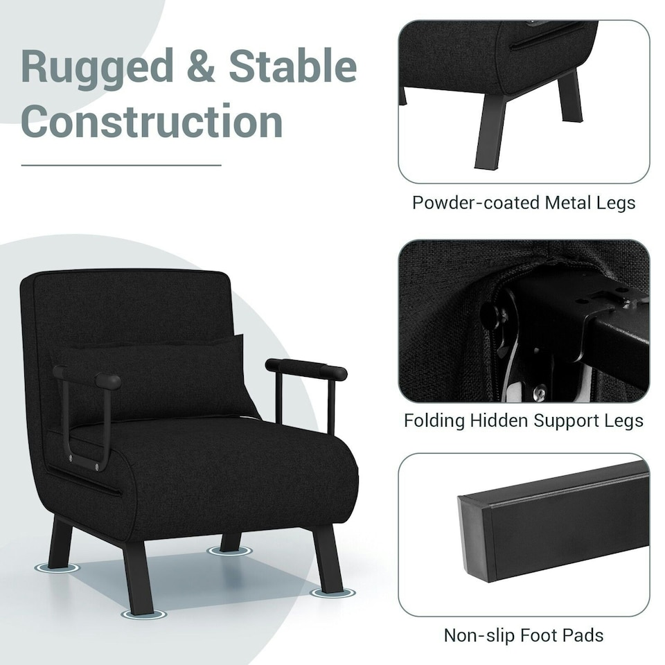 image 1 of COSTWAY Convertible Single Folding Sofa Bed Sleep Chair Dark Grey Black