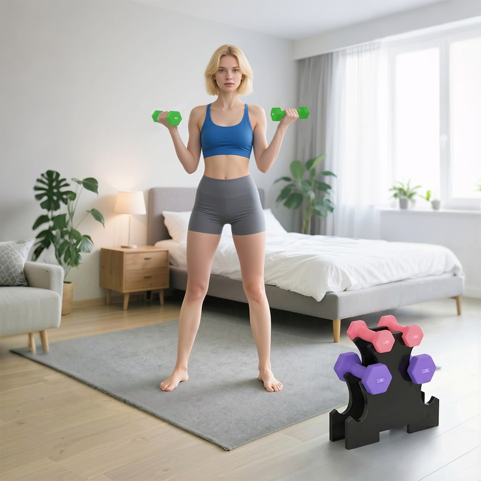 image 1 of SPORTNOW Hex Dumbbells Set with Dumbbell Rack, 2 x 1kg, 2 x 2kg, 2 x 3kg | Multi | Pink, Green, Purple | 30L x 8W x 27H cm