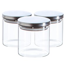 Argon Tableware Glass Storage Jars - Silver Lid - 550ml - Modern Round Scandi Organisation Container Glass Jar - Set of 3