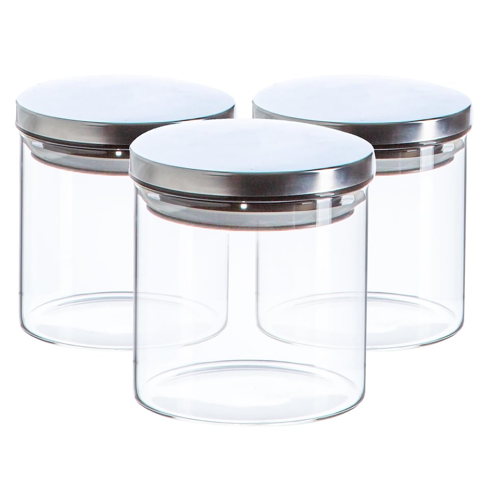 image 1 of Argon Tableware Glass Storage Jars - Silver Lid - 550ml - Modern Round Scandi Organisation Container Glass Jar - Set of 3