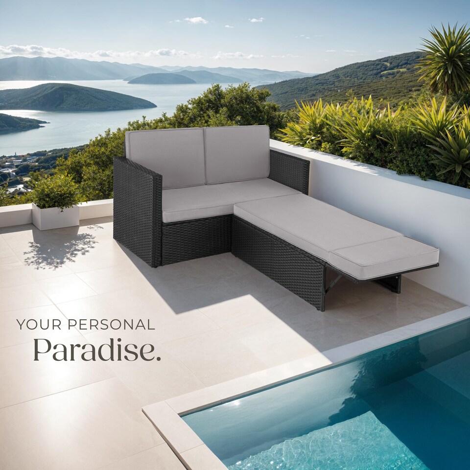 image 1 of Garden Sofa Corfu - 2 seater sofa, stool sun lounger, thick cushions | Black | black/grey | 119 x 64,50 x 71,50 cm | 1