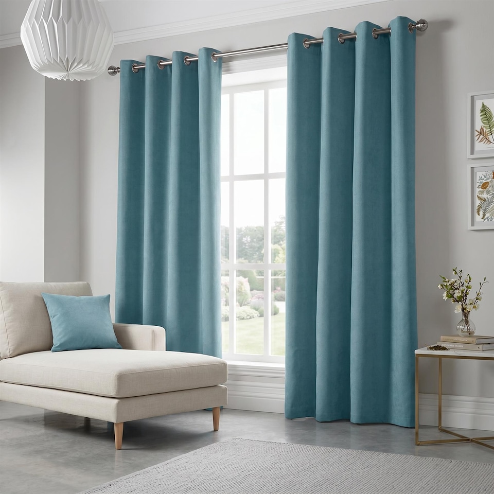 image 1 of Velvet Chenille Eyelet Curtains Ready Made Pair - 142cm x 137cm - Teal