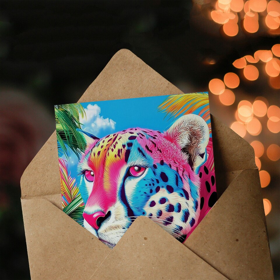 image 1 of Cheetah Jungle Plants Colourful Animal Portrait Birthday Greeting Card