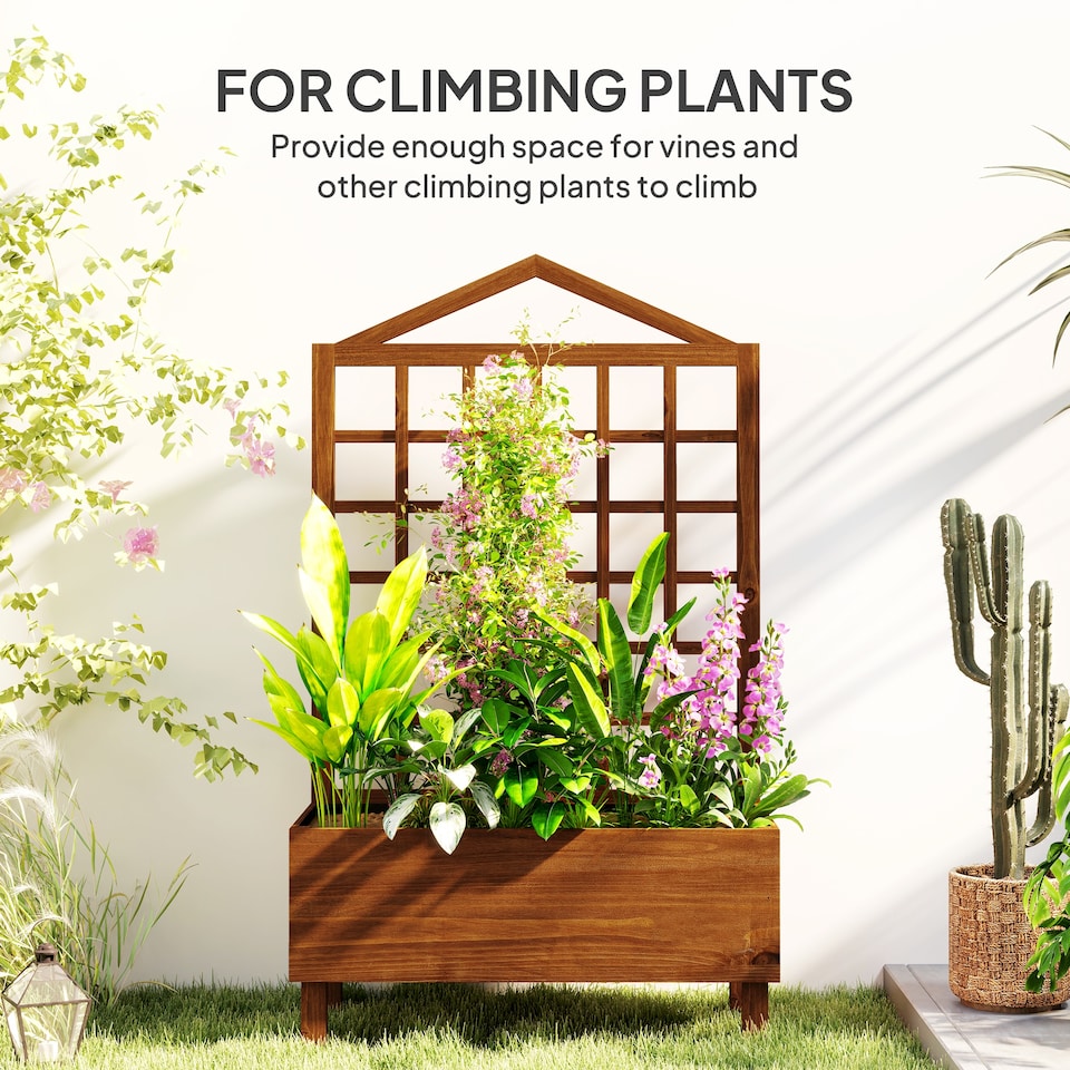 image 1 of Outsunny Wooden Garden Planters with Trellis for Vine Climbing Plants Brown | Brown | Brown