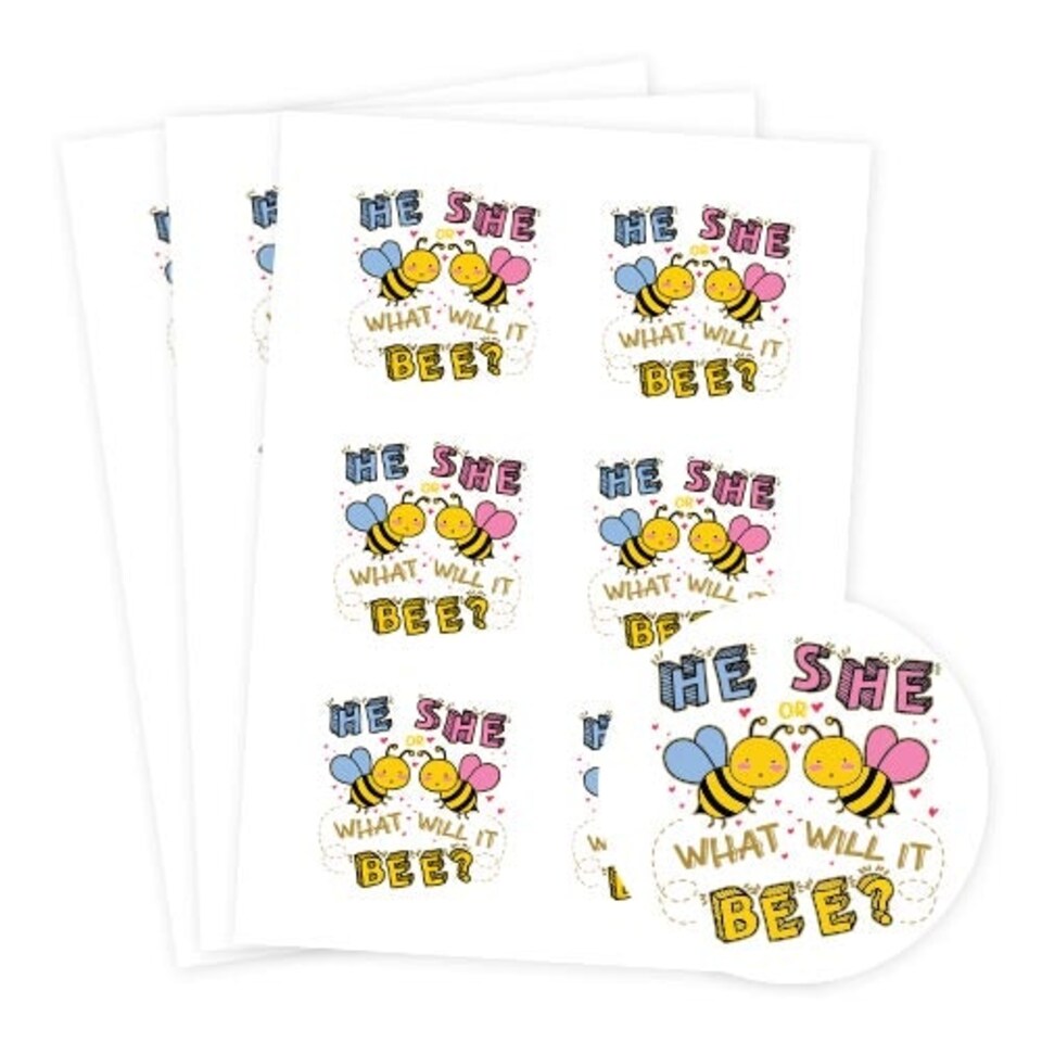 image 1 of What Will it Bee Gender Reveal Round Stickers 88mm - Sheet of 6