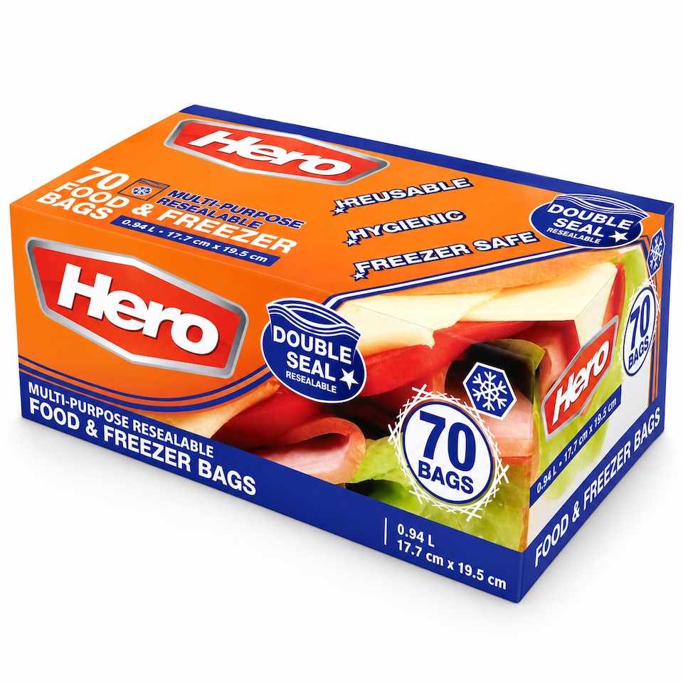image 1 of Hero 70 Medium 1L Resealable Freezer Bags – Reusable Ziplock Food Storage Bags with Write-On Label – BPA Free Sandwich & Freezer Bags