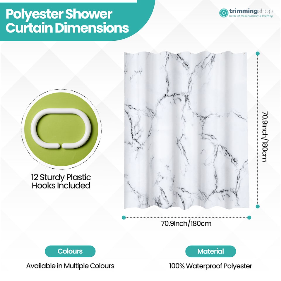 image 1 of Grey & White Marble Polyester Shower Curtain with 12 Hooks - 180x180cm