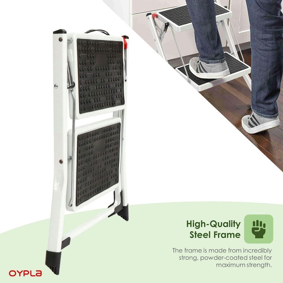 image 1 of Oypla Foldable 2 Step Ladder Stepladder Non Slip Tread Safety Steel Portable Step Stool White