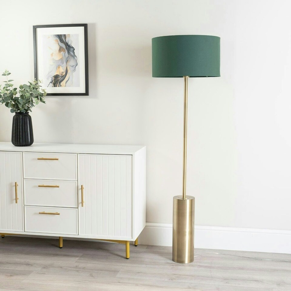 image 1 of ValueLights Lexy Antique Brass Rotary Dimmer Switch Floor Lamp with Forest Green Drum Shade