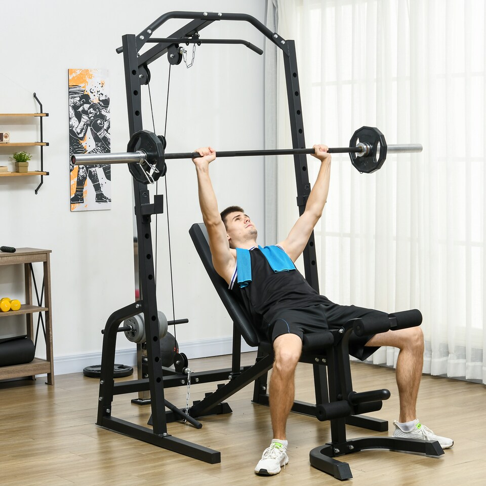 image 1 of SPORTNOW Smith Machine Power Rack with Pull Up Bar, Lat Pull Down System