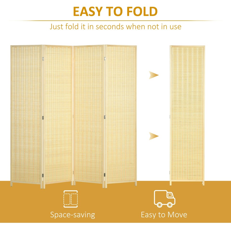 image 1 of HOMCOM 4 Panel Folding Room Divider 170cm Wall Privacy Screen Protector Natural Brown | Natural | 180 x 180 cm