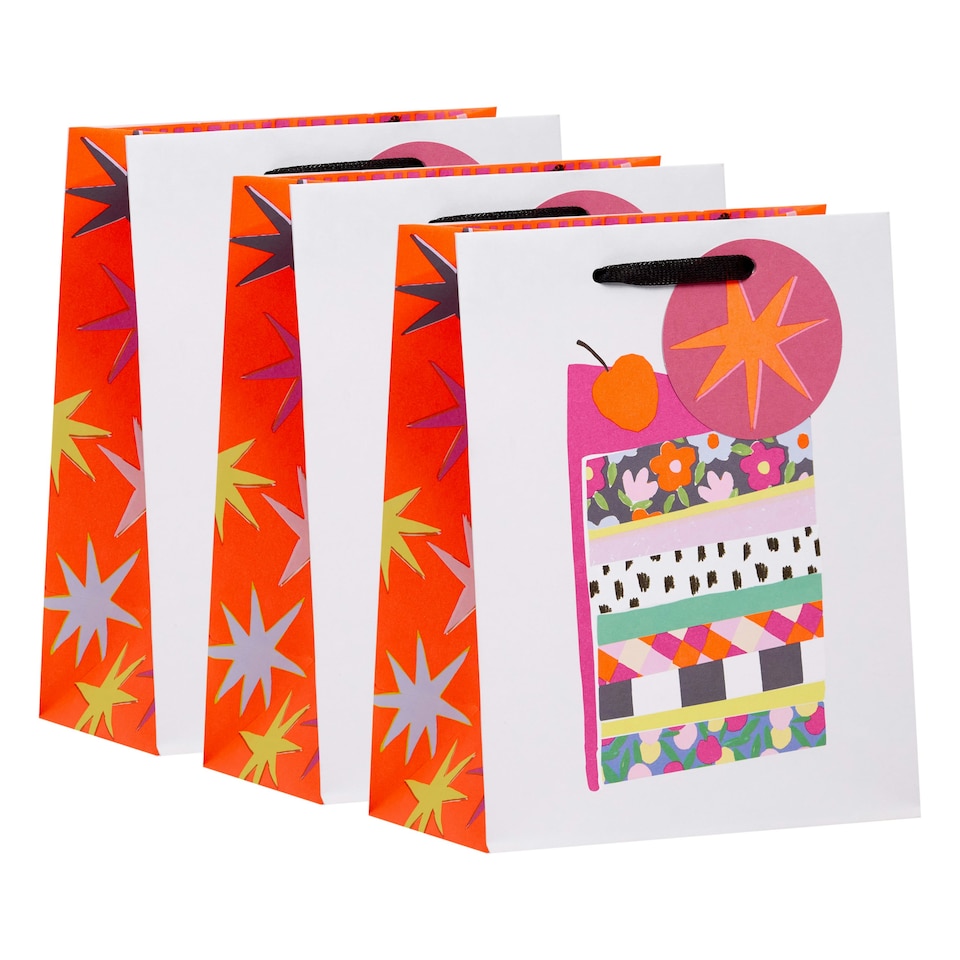 image 1 of Multipack of 3 Medium Gift Bags | Party Bags for Presents | Birthdays | For Her/Friend | Cake Design Pink