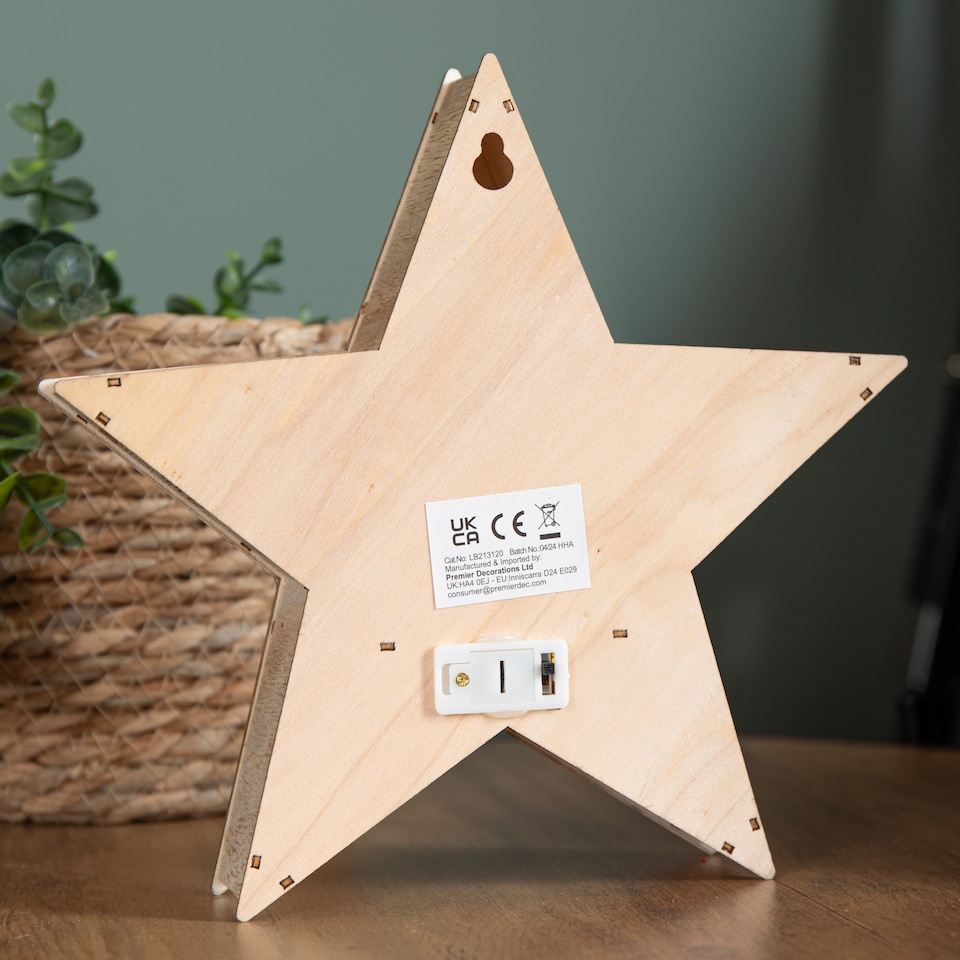 image 1 of 23cm Battery Operated Wooden Star Shape Woodland Scene Christmas Decoration