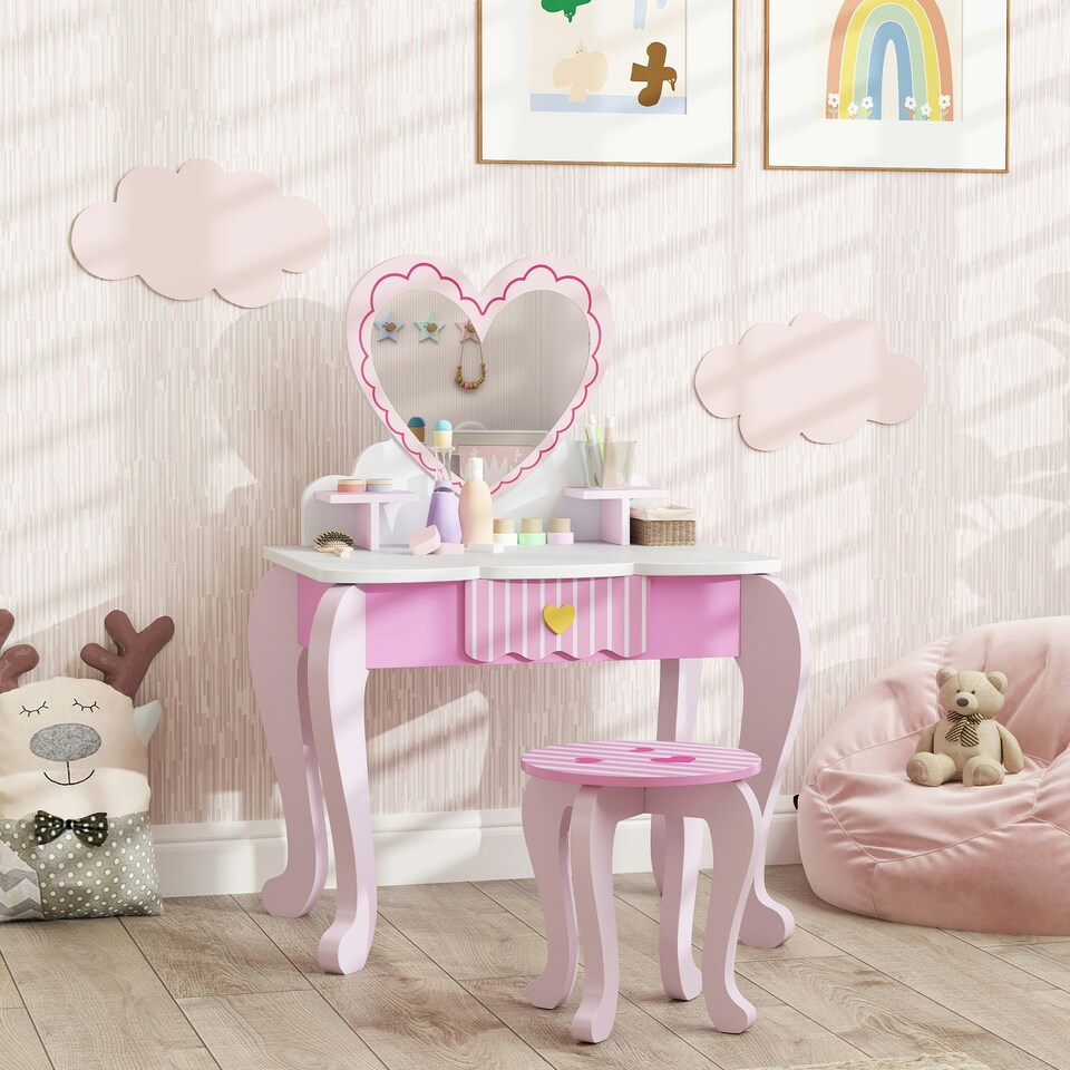 image 1 of AIYAPLAY Kids Dressing Table Set, Two-Piece Children Vanity Table with Stool | Pink