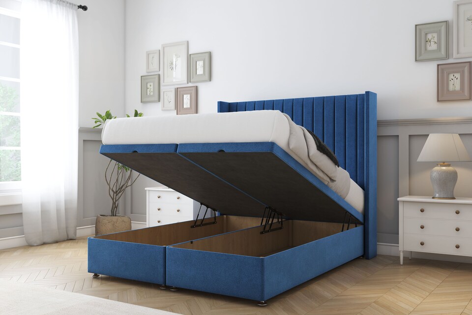 image 1 of Sloomy Marlborough Navy Plush Ottoman Bed With Mattress With 54" Wingback Headboard 2'6 Small Single