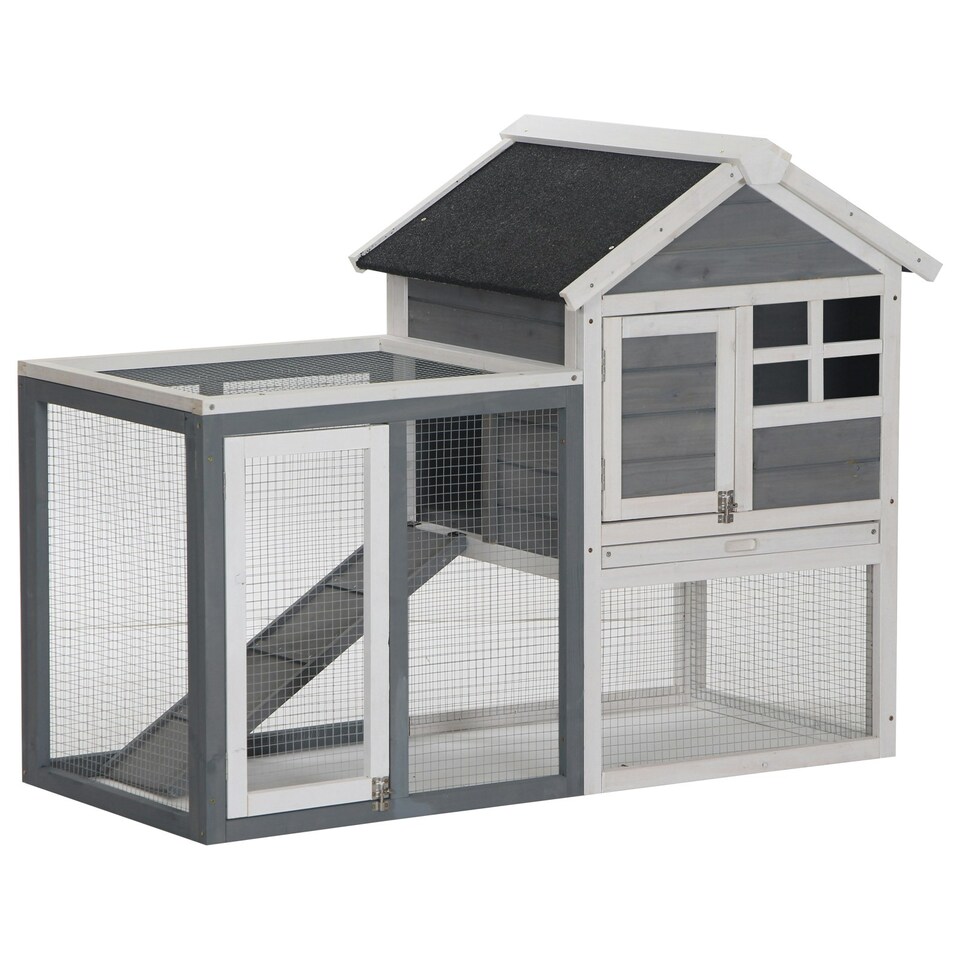 image 1 of PawHut Rabbit Hutch, Bunny Cage Outdoor Wooden House w/Tray & Ramp, Grey