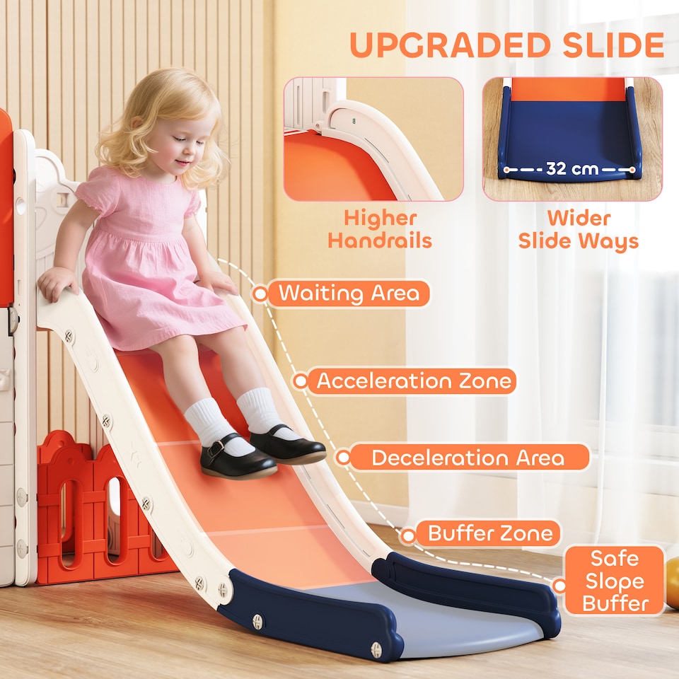 image 1 of AIYAPLAY 7 in 1 Toddler Slide Set, Frog Theme Playset with Basketball Hoop | Orange | Orange & White | 176L x 150W x 94H cm