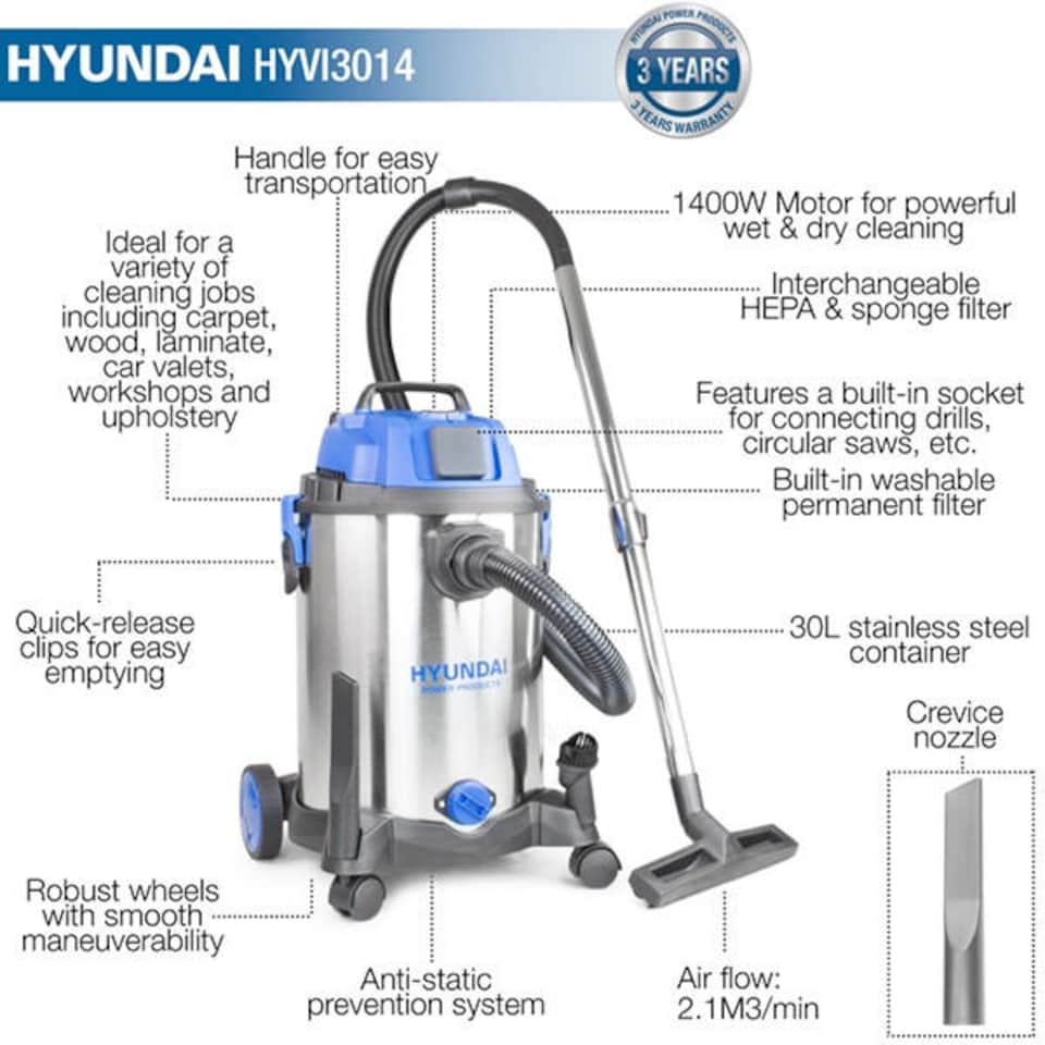 image 1 of Hyundai 1400W 30L 3-In-1 Wet and Dry Electric Vacuum Cleaner HEPA type Filtration | HYVI3014