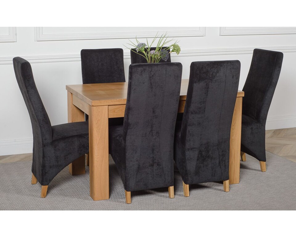 image 1 of Dakota 127 x 82cm Oak Small Dining Table and 6 Lola Fabric Chairs | Black | Black