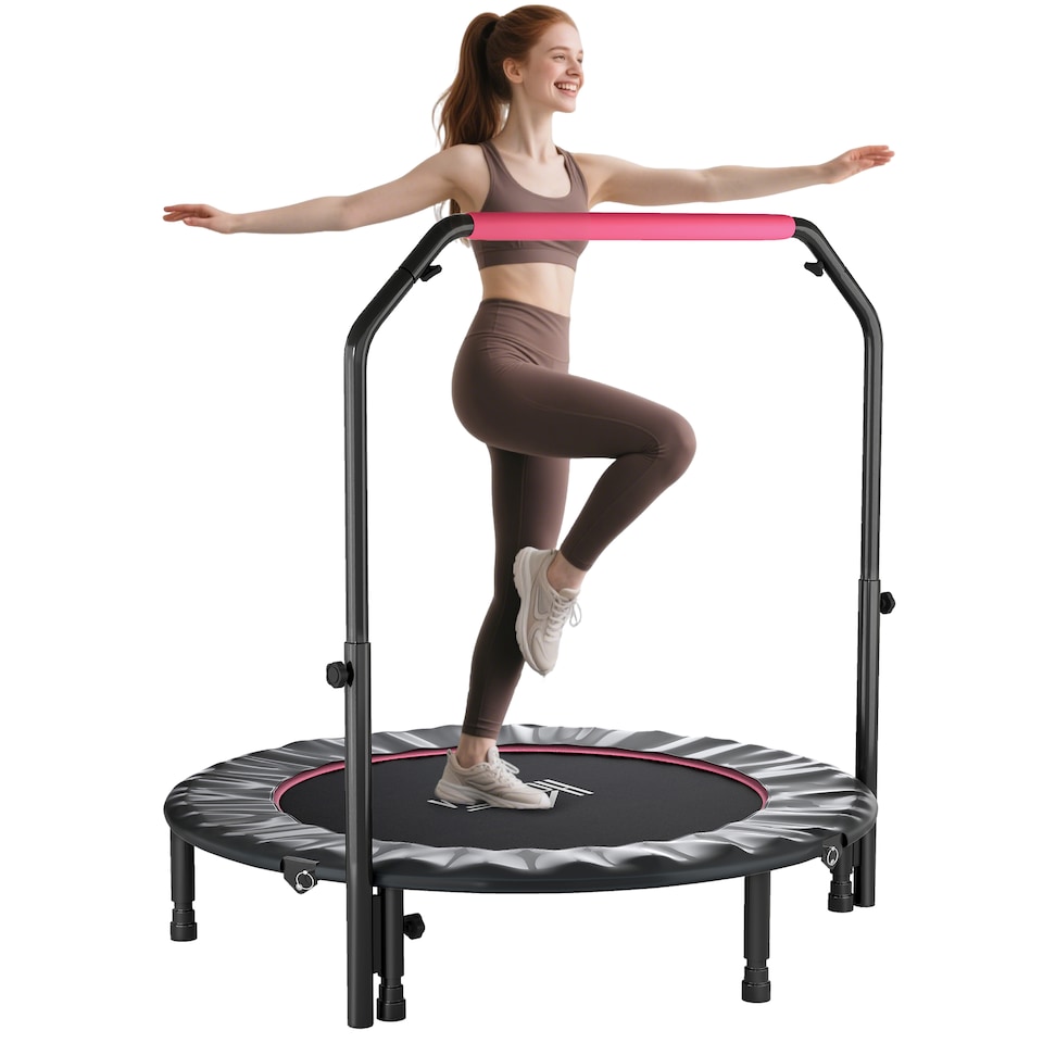 image 1 of HOMCOM 48" Foldable Mini Trampoline Fitness Trampoline Rebounder for Adults with Adjustable Foam Handle, for Indoors, Outdoors, Cardio Training, Pink | Pink