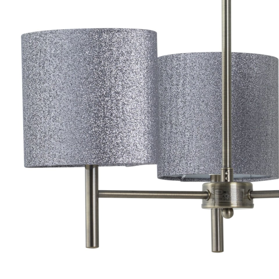 image 1 of Brea - Antique Brass 3 Light Fitting with Silvery Grey Glitter Shades | Yellow | Grey | 1