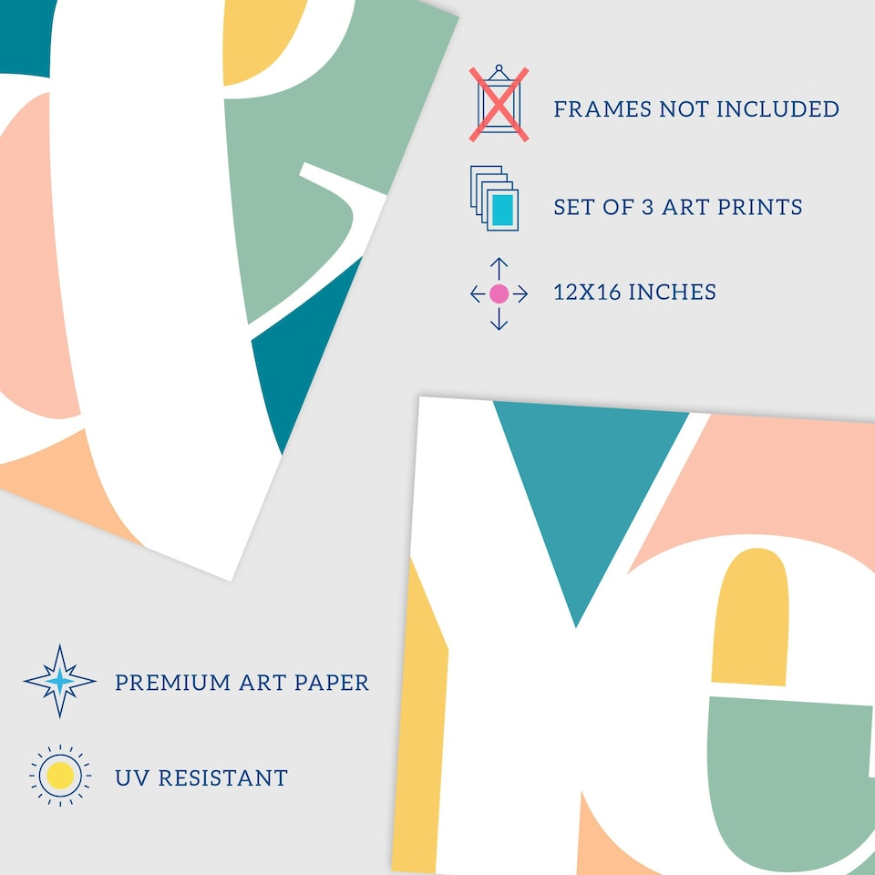 image 1 of Set of 3 Symbol Words Yes No Pastel Colour Modern Home Decor Wall Art Prints 12x16 Inch