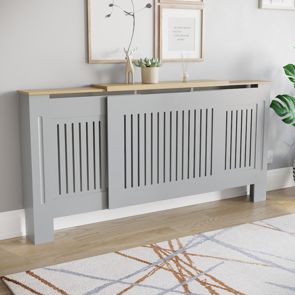 image 1 of Vida Designs Arlington Radiator Cover Painted MDF Slatted Cabinet, Grey, 140-204cm