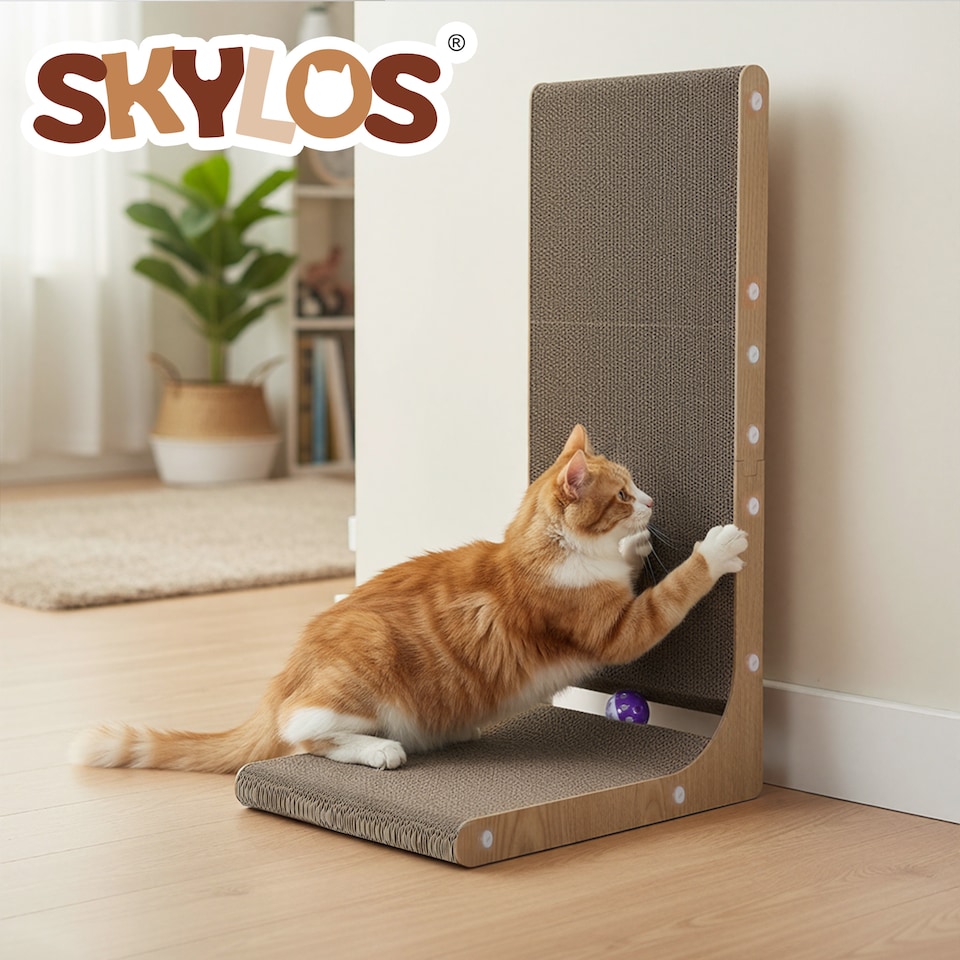 image 1 of Skylos L Shaped 68cm Cat Scratching Board with Ball Toy Wall Furniture