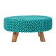 image 1 of Homescapes Teal Green Large Round Cotton Knitted Footstool on Legs