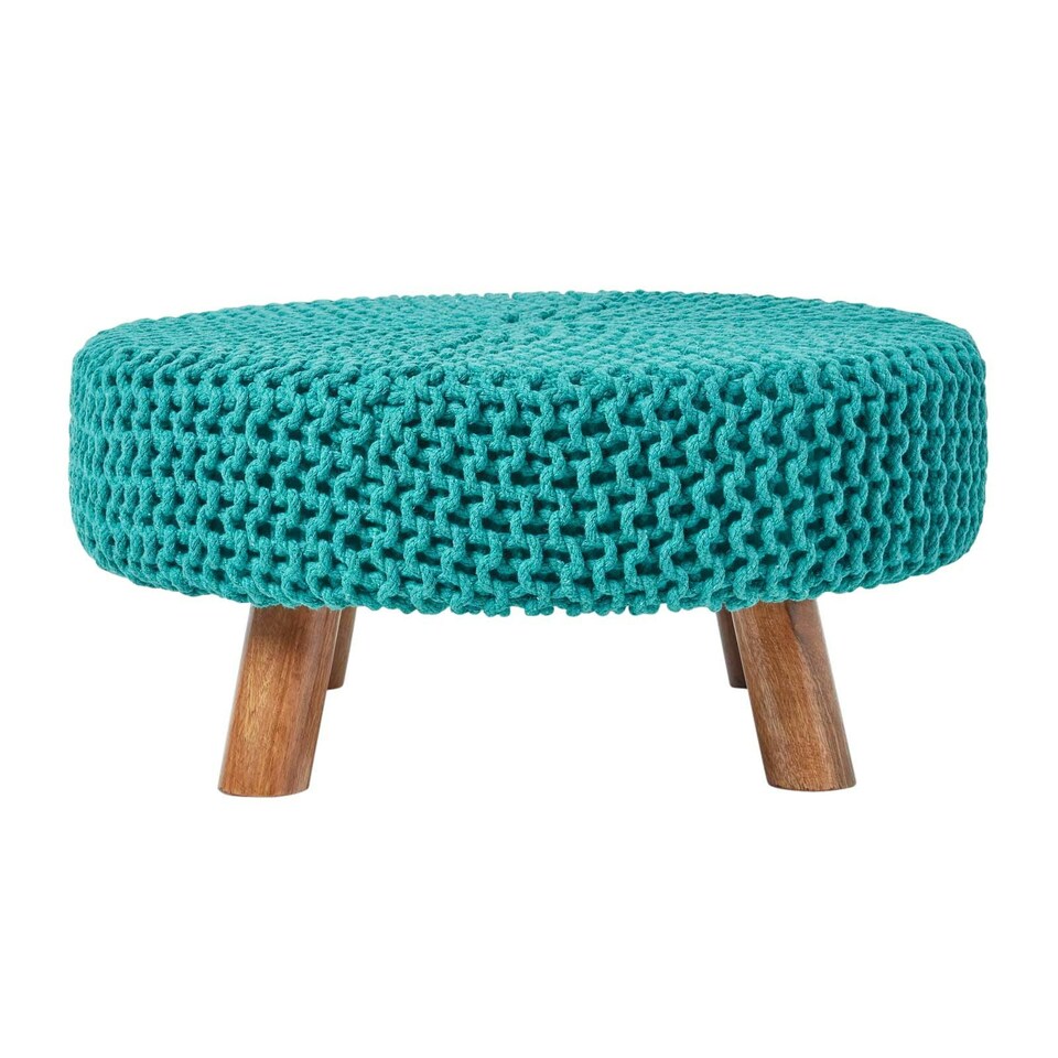 image 1 of Homescapes Teal Green Large Round Cotton Knitted Footstool on Legs