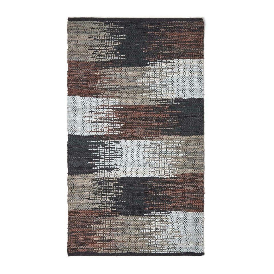 image 1 of Homescapes Black Grey & Brown Real Leather Handwoven Cutshuttle Rug - 150 x 240 cm | Brown | Black, Grey & Brown