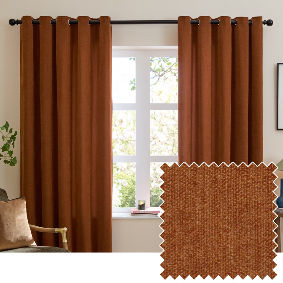 image 1 of Furn Soft Chenille Blackout Eyelet Curtain Pair, 117cm width x 183cm drop | Orange | Rust | 1