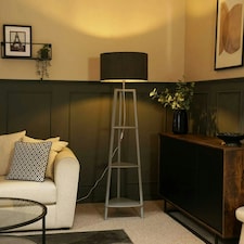 ValueLights Hiru Grey 3 Tier Shelf Floor Lamp with Large Charcoal Drum Shade and LED Bulb Grey