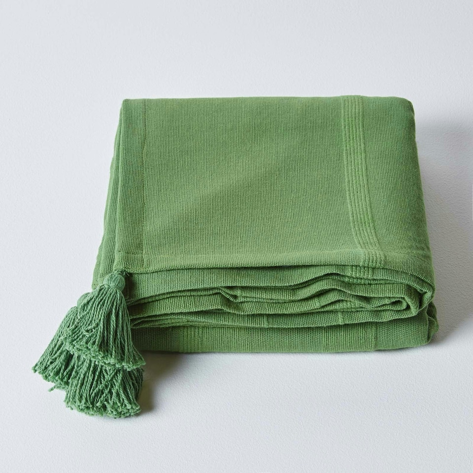 image 1 of Homescapes Cotton Rajput Ribbed Dark Olive Throw - 225 x 255 cm | Green