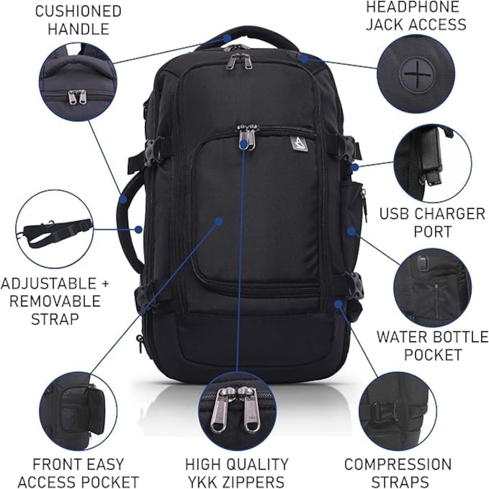 image 1 of Aerolite Ryanair 40x20x25 Maximum Size Hand Cabin Luggage Travel Carry On Holdall Lightweight Shoulder Bag Backpack Flight Bag with YKK Zippers 5 Year Warranty Black