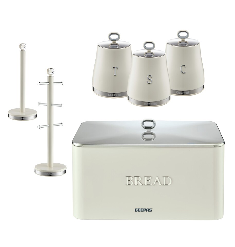 GEEPAS 6 Pc Tea Coffee Sugar Canister, Bread Bin, Mug Tree & Towel Pole Set |RetroVive | Black | 6